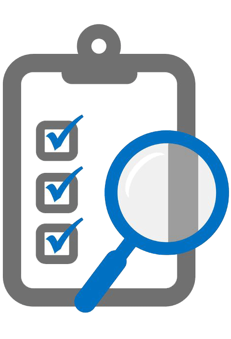 Icône d'un questionnaire de formation avec des cases à cocher et une loupe